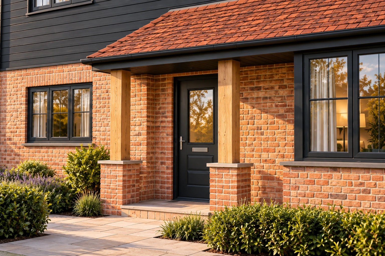 Illustrative entrance detail showing the intended brick, clay roof tiles and black cladding palette