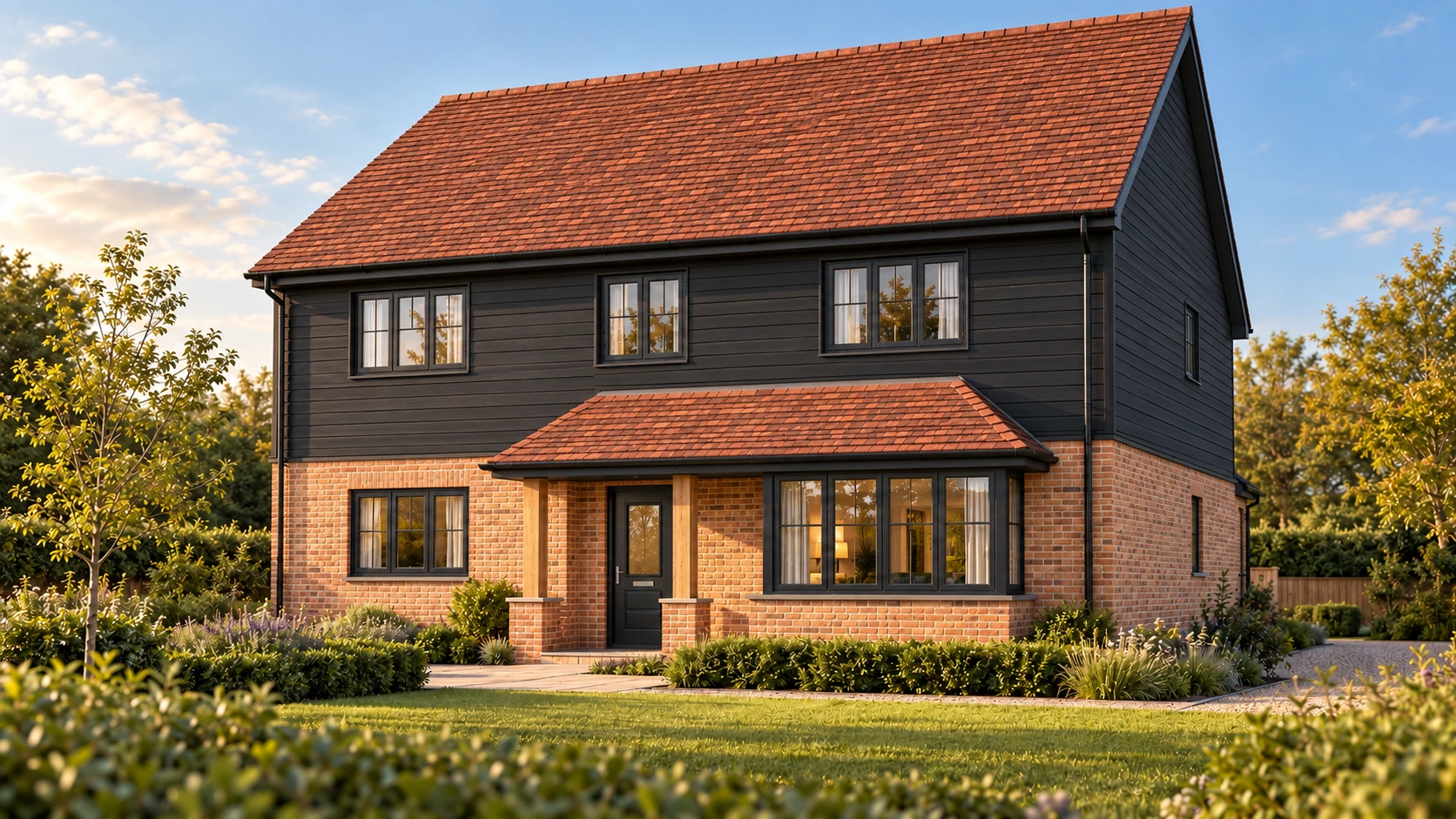 Illustrative Plot 1 CGI with black Millboard cladding, red stock brick and handmade red clay roof tiles