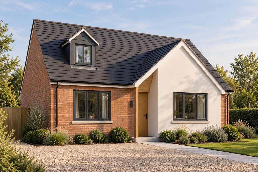 Computer-generated image of a detached Westholme Gardens new-build home with red brick, white render, oak porch detailing and a dormer window