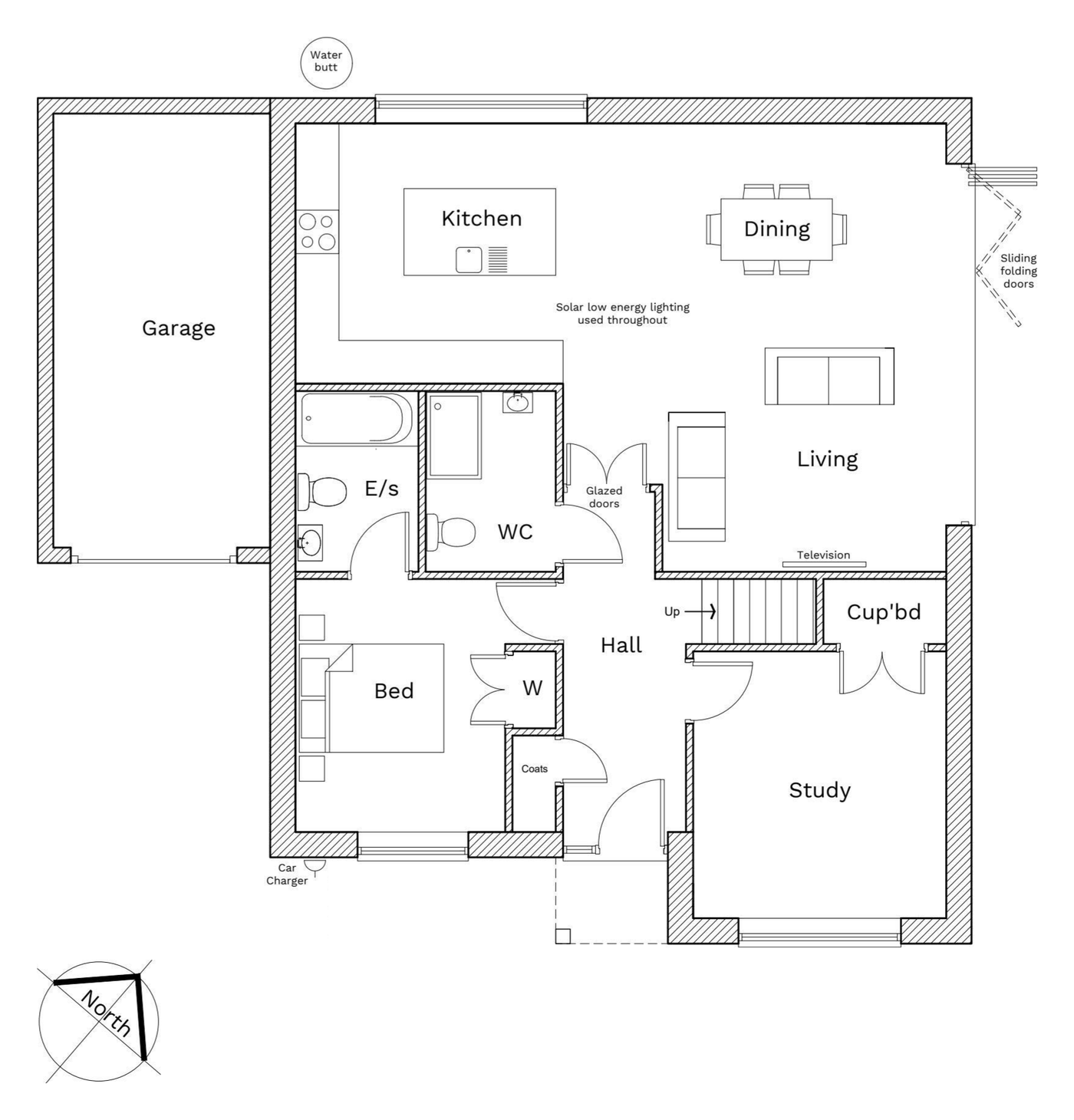 Plot 2 ground floor plan: kitchen, dining and living area, study, ground-floor bedroom with en suite, shower room and garage